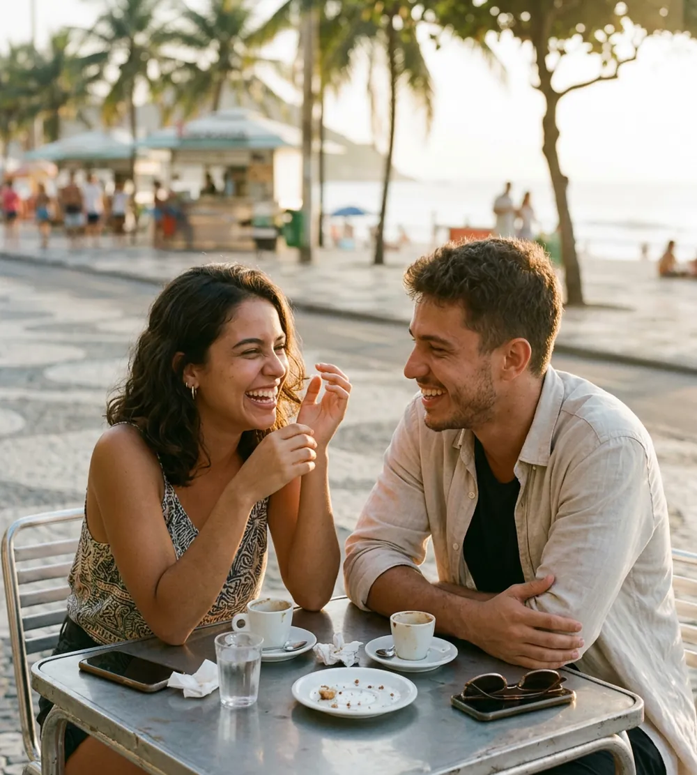 Casal conversando em um café ao ar livre