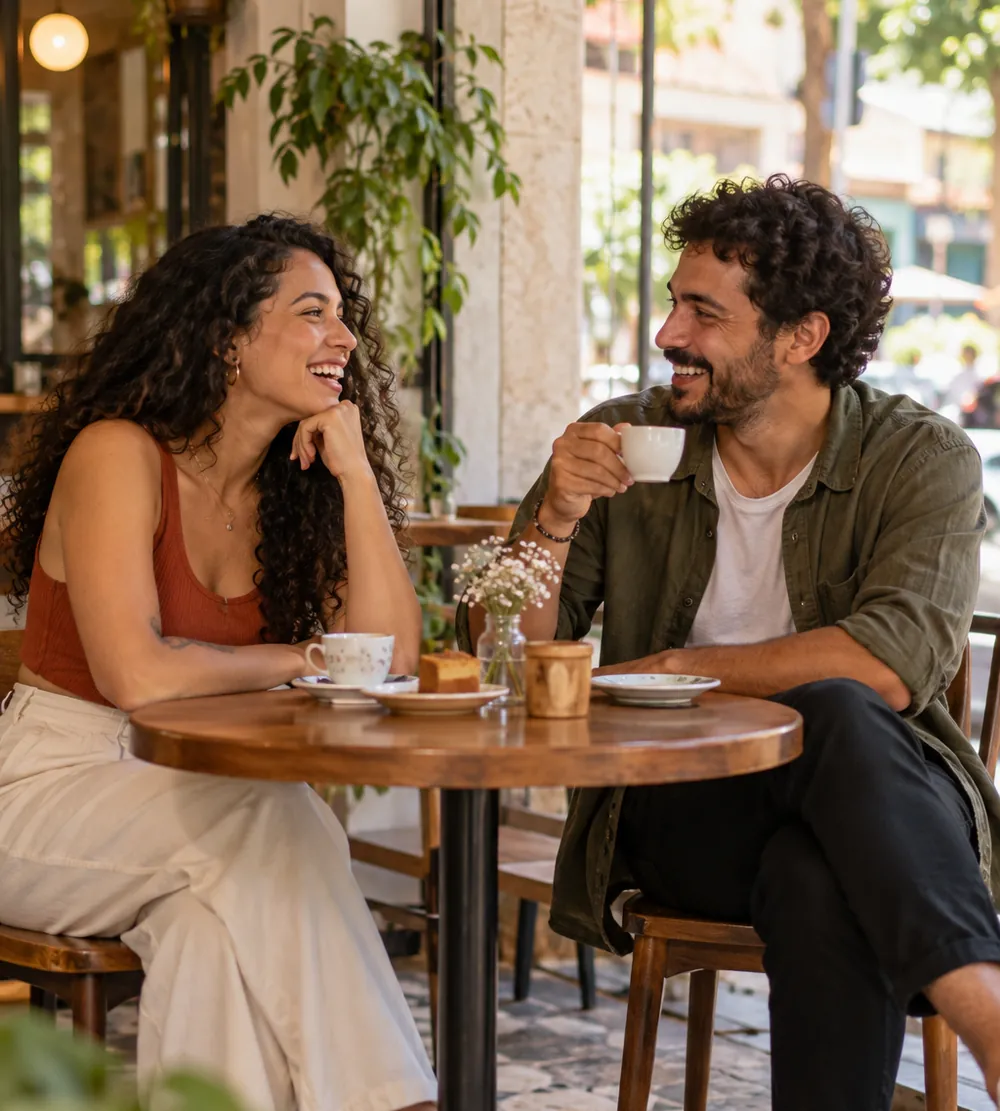 Dois amigos conversando e rindo em um café