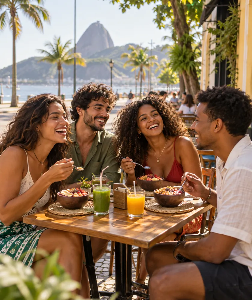Quatro amigos rindo em volta de uma mesa com açaí em uma rua ensolarada