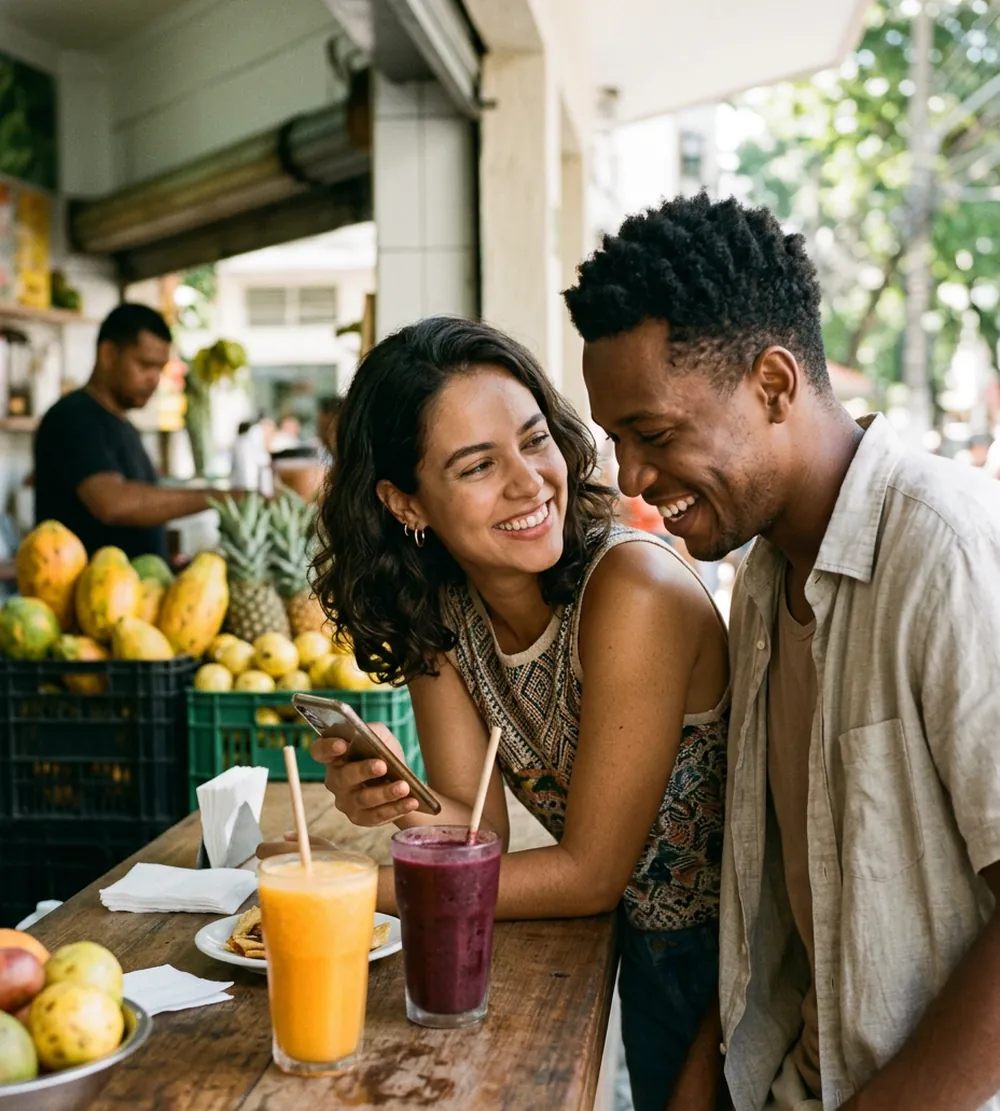 Casal sorrindo no balcão de uma casa de sucos no primeiro encontro