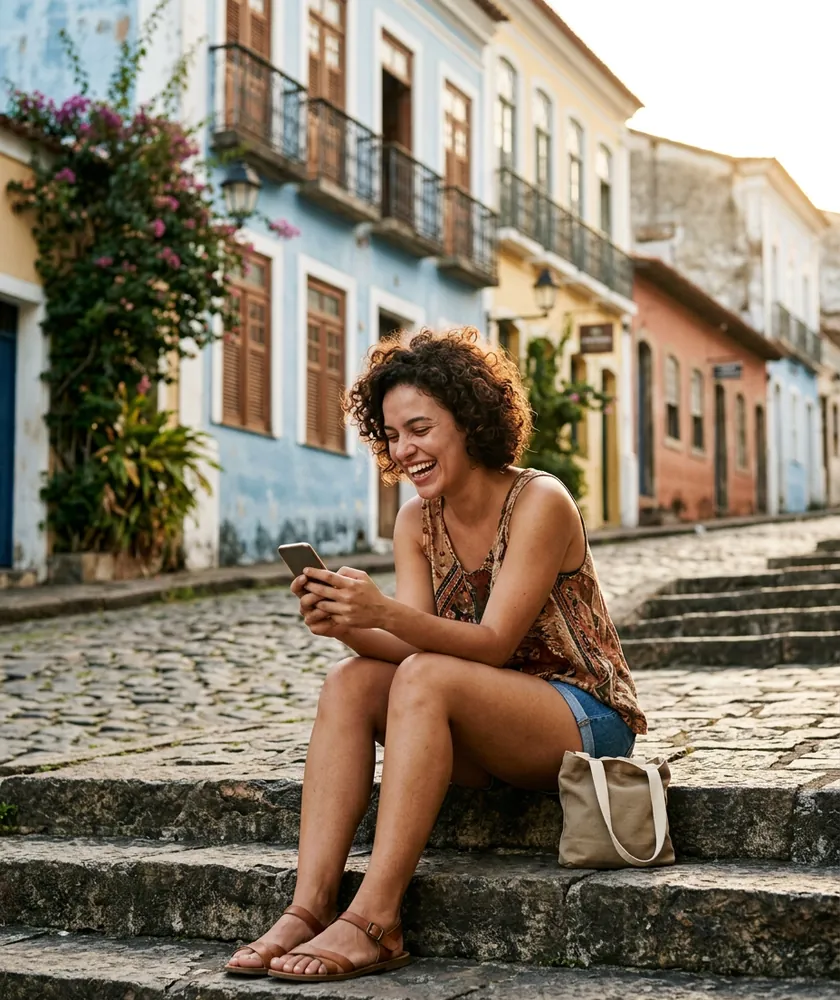 Jovem rindo enquanto usa o celular sentada na escadaria de uma rua histórica