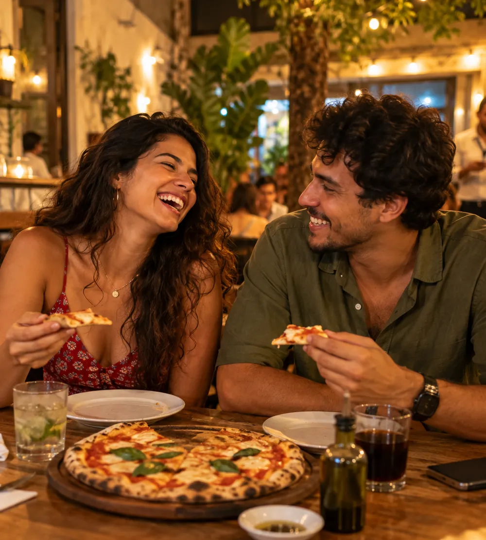 Casal rindo em uma pizzaria no primeiro encontro
