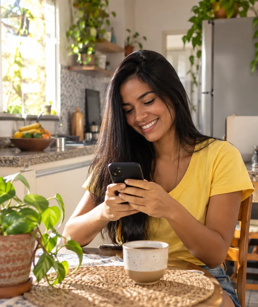 Jovem rindo enquanto lê uma mensagem no celular na cozinha de casa