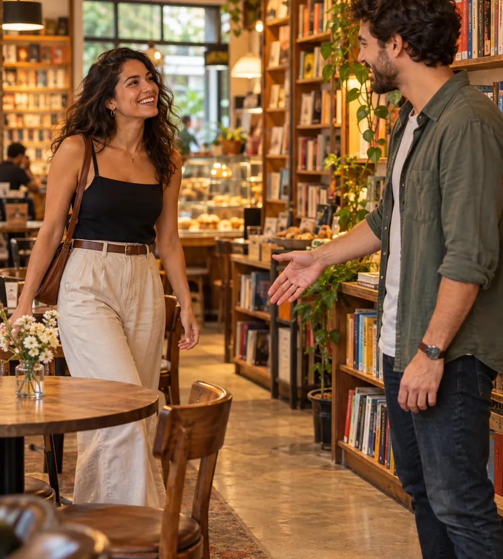 Homem e mulher se cumprimentando em um café de livraria