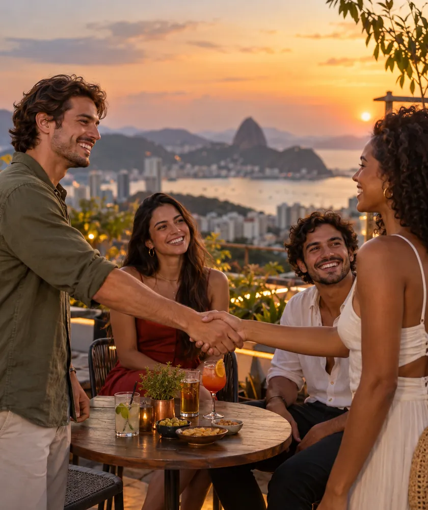 Grupo de jovens se conhecendo em um bar no terraço ao pôr do sol
