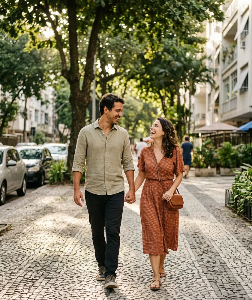 Casal caminhando de mãos dadas em uma rua arborizada