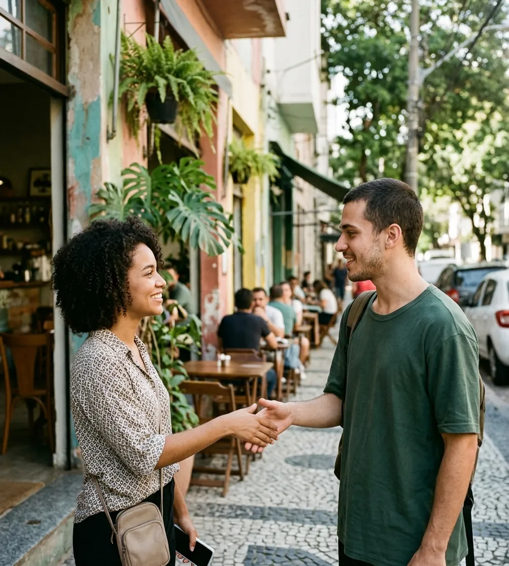 Dois jovens se cumprimentando na porta de um café no primeiro encontro