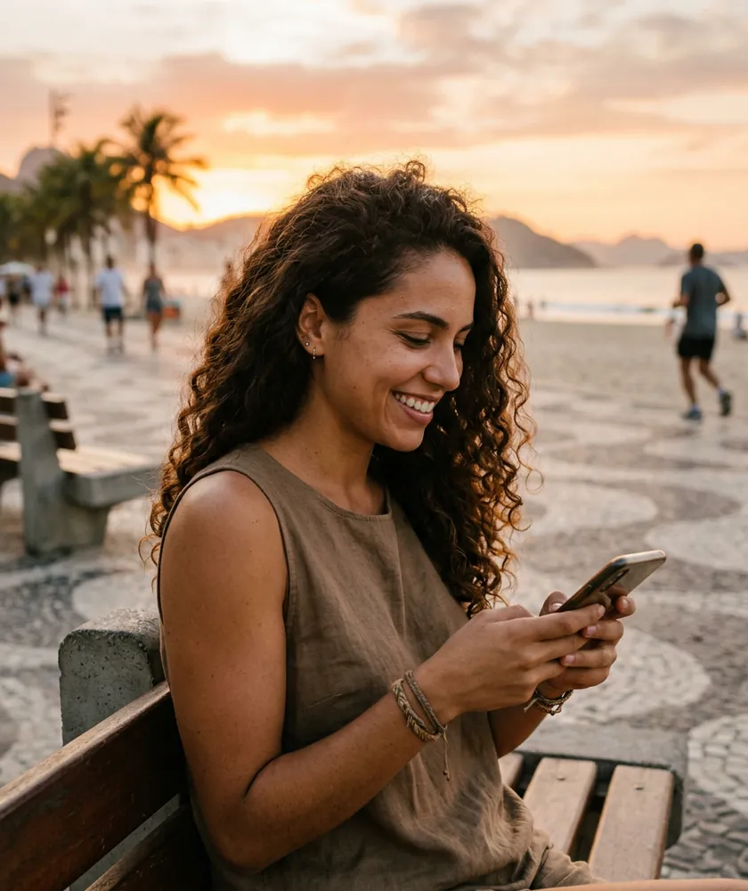 Mulher sorrindo enquanto escreve uma mensagem no celular na orla